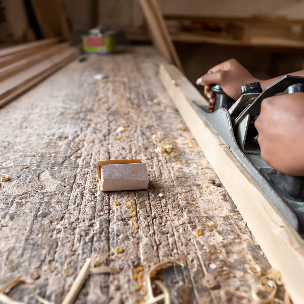 charpentier-coupant-le-panneau-de-forces-de-defense-principale-a-l-interieur-de-l-atelier